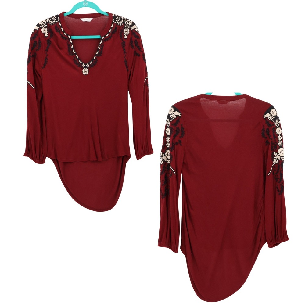 Lucky Brand Embroidered High Low Tunic Top Women S Red Boho Bohemian Hippie